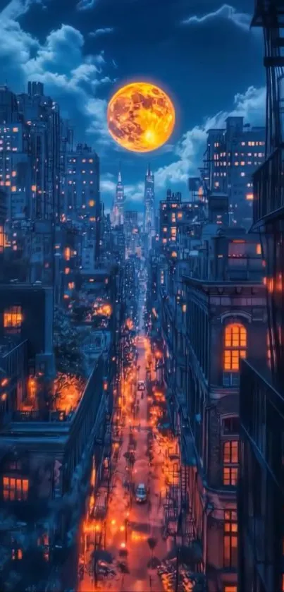 Night cityscape with full moon and glowing city lights.