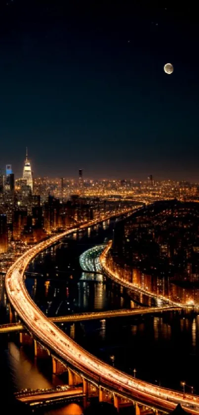 Night cityscape with illuminated skyline and moon overhead.