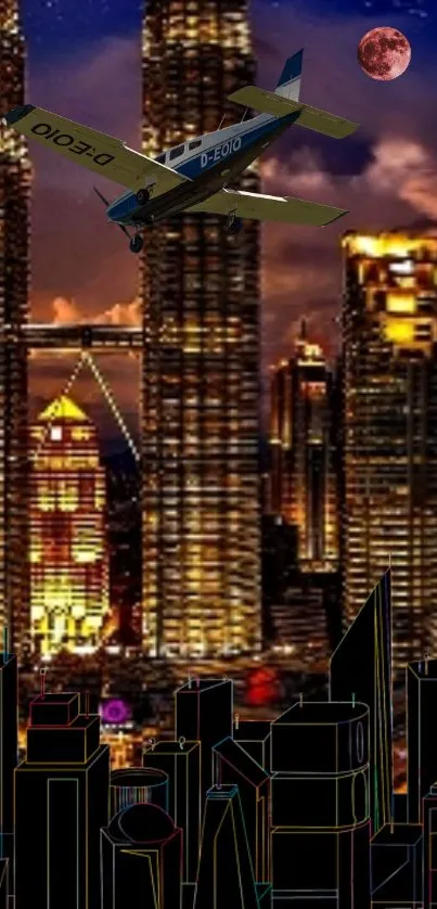 Night cityscape with skyscrapers and airplane in the sky.