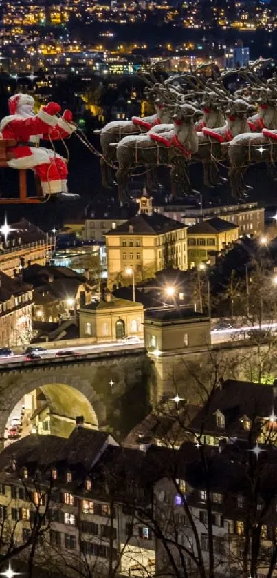 Santa flying over a festive city at night.