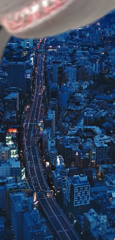 Vibrant night cityscape with futuristic vehicle overhead.