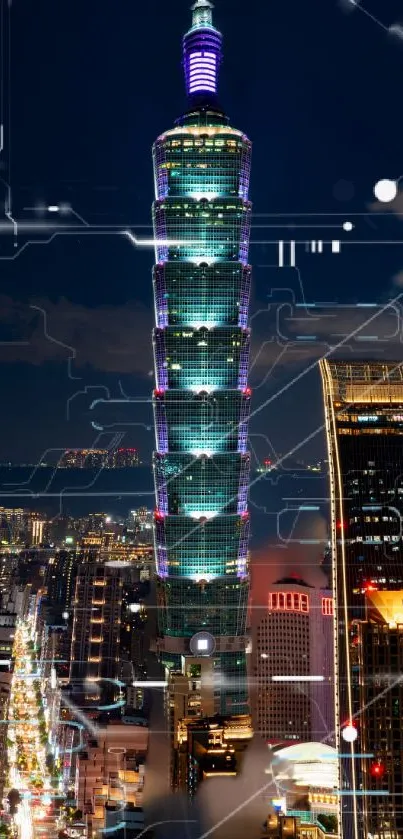 Night cityscape with skyscrapers and digital grid overlay.