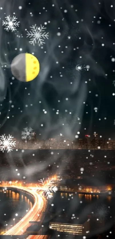 Night cityscape with snowflakes and crescent moon wallpaper.