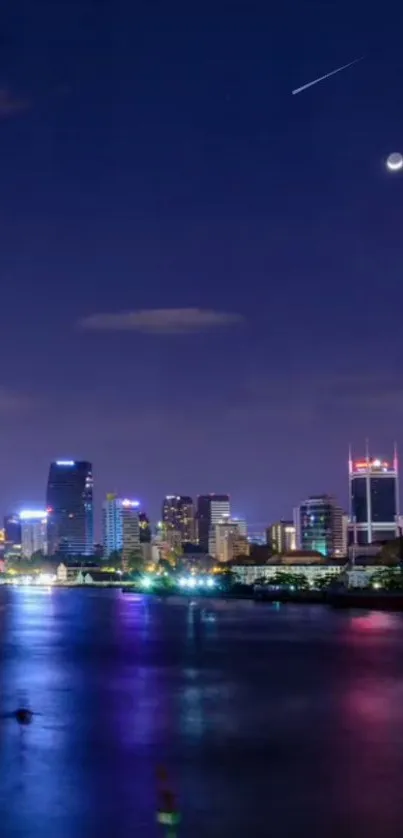 A serene cityscape at night with starry sky and reflections on the water.