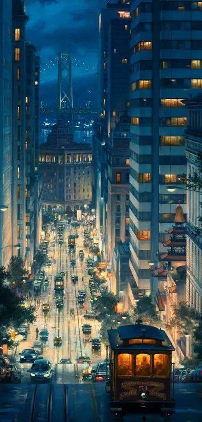 Night cityscape with tram and blue lighting.