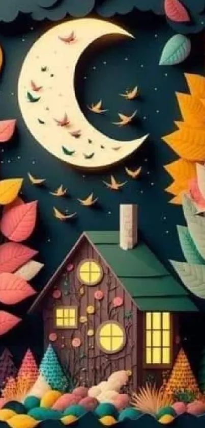 Whimsical cottage under crescent moon with colorful foliage.