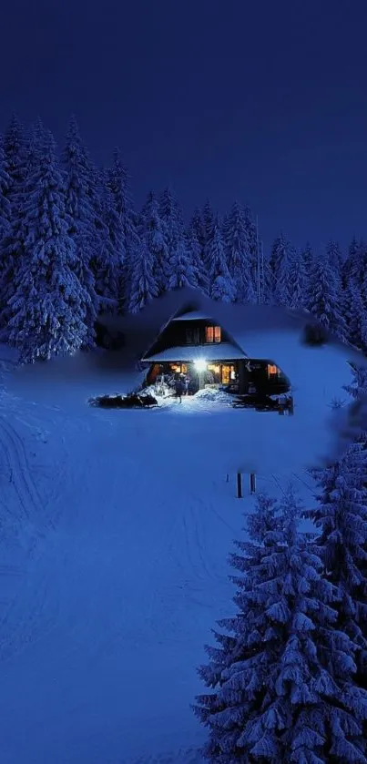 Snowy night with lit cottage in the forest, perfect mobile wallpaper.