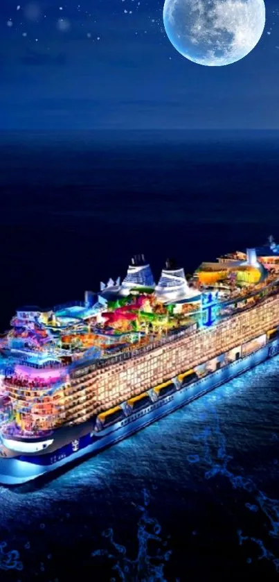 A vibrant cruise ship sailing under a full moon on a dark ocean at night.