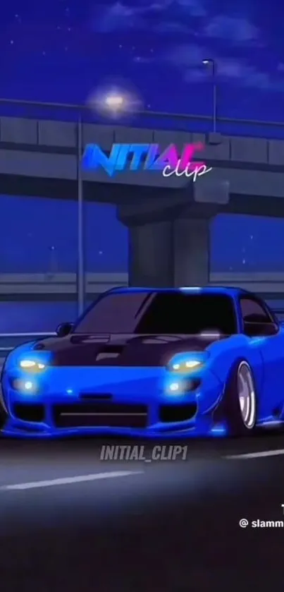 Blue animated sports car driving at night on an urban road.