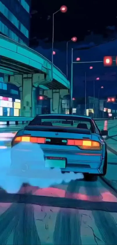 Anime car speeding through neon-lit city streets at night.