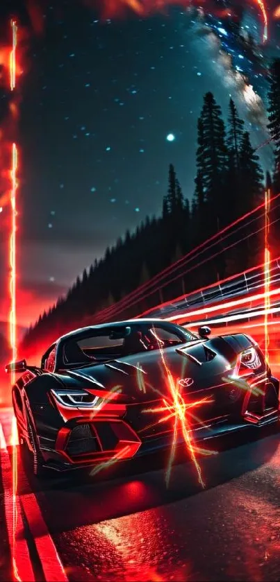 Black sports car on a starry night road with red light trails.