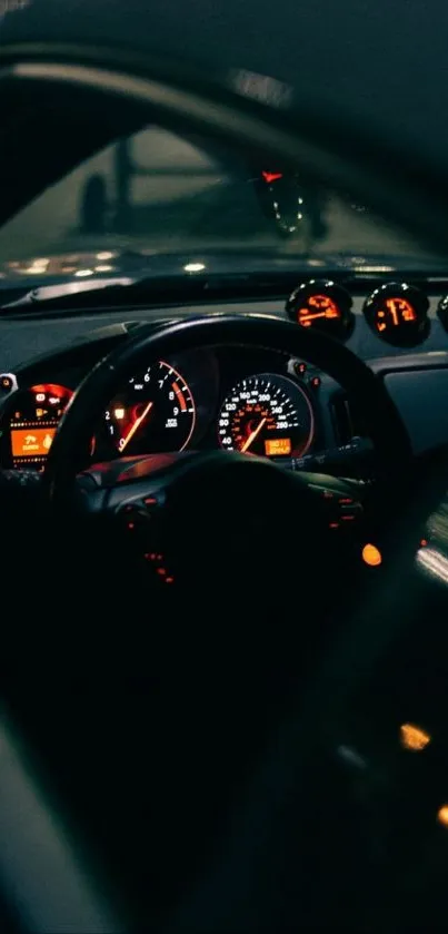 Moody car dashboard at night, glowing with city lights.