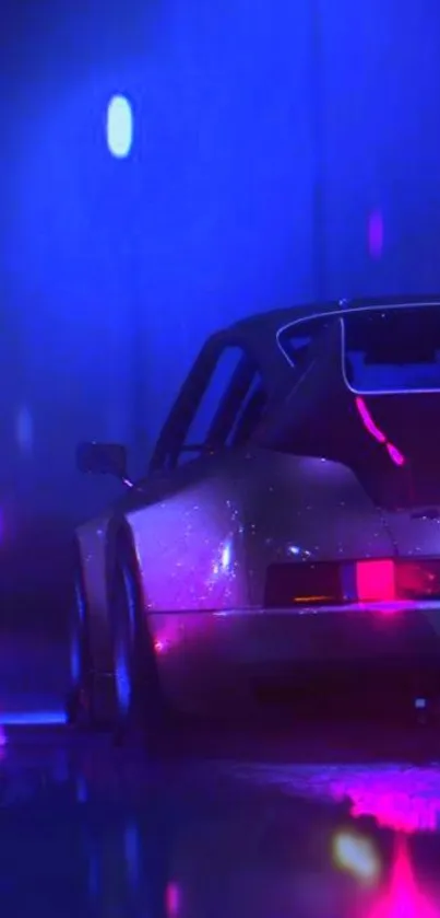 Neon-lit car driving at night in vibrant blue and pink hues.