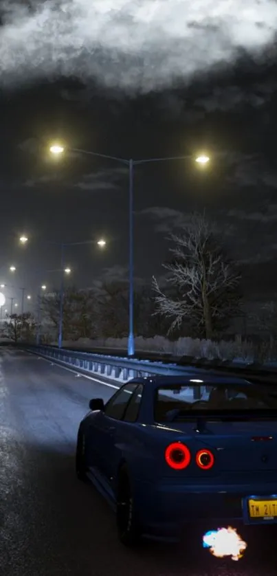 Car driving on a moonlit road at night with glowing streetlights.