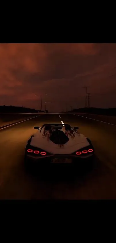 Car driving on dark road at night with glowing rear lights.