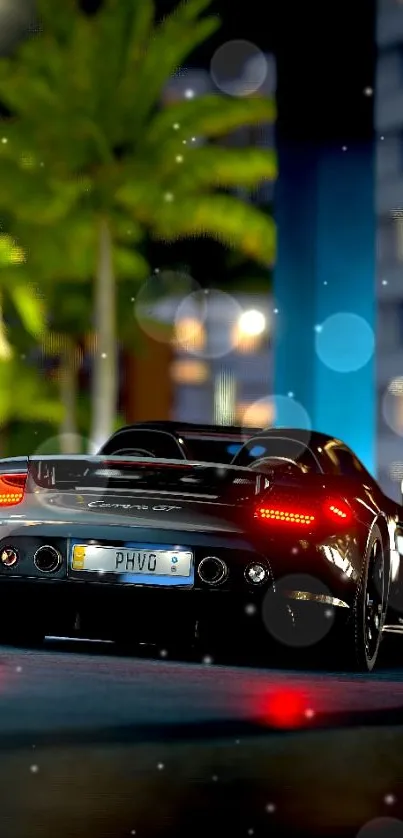 Sports car in a neon-lit urban night scene.