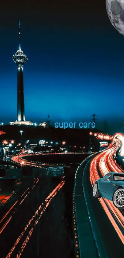 A cityscape at night with car lights, a tower, and a moon.