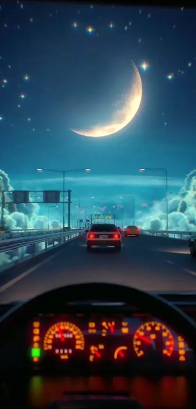 Dreamy night drive with moon and stars viewed from inside a car.