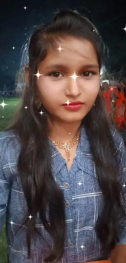 A young woman at a night festival with colorful lights and crowd.