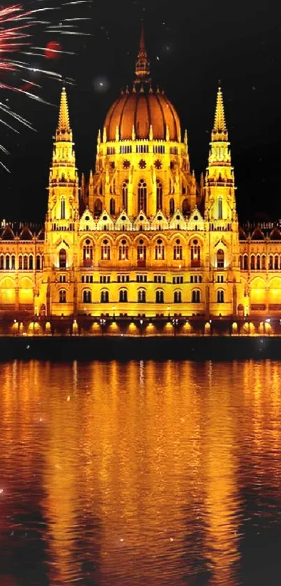 Fireworks over Budapest's Parliament reflecting on the river at night.