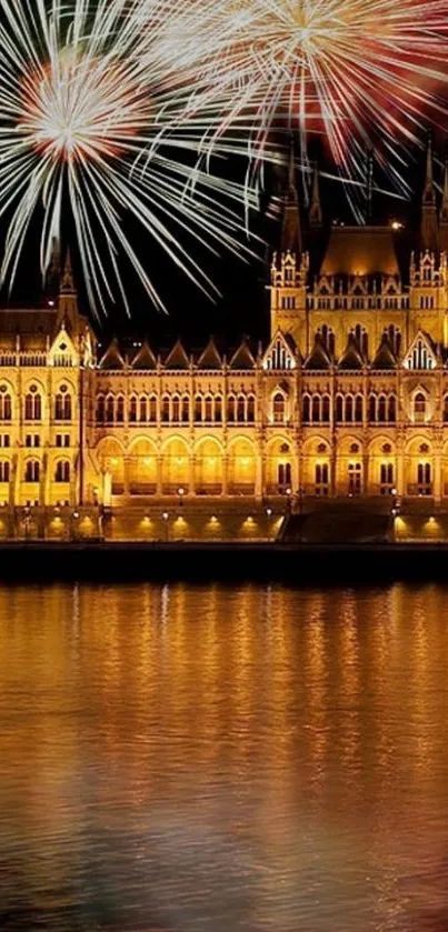 Fireworks illuminate a grand castle by the river at night.