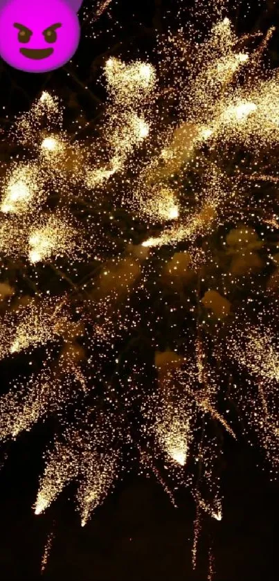 Golden fireworks with purple emoji on a black background.