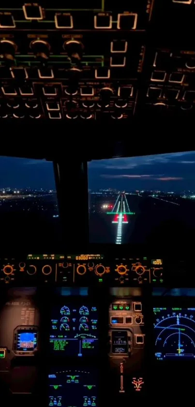 Cockpit view during night landing above city lights.