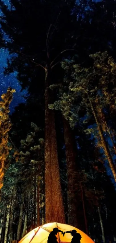 Starry night sky over forest campsite.