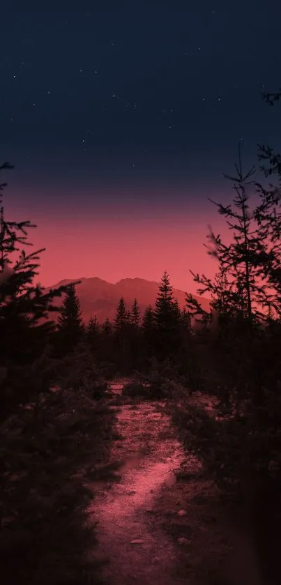 Dark forest path with a red sky and stars creating a mystical atmosphere.