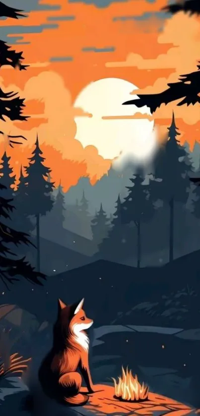 Fox sitting by a campfire in a forest with orange and black hues.