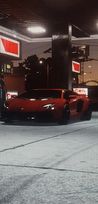 Red sports car at a nighttime gas station surrounded by urban lights.