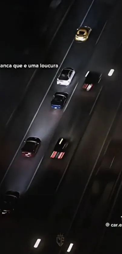 Cars in motion on a dimly lit highway at night.