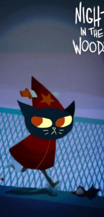 Animated cat in red cape with text 'Night in the Woods' on blue background