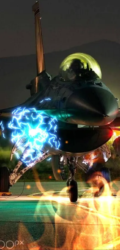 Fighter jet on runway with night lights and dark mountain backdrop.