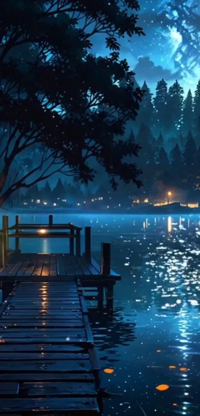 A serene night view of a lake with trees and a wooden dock.