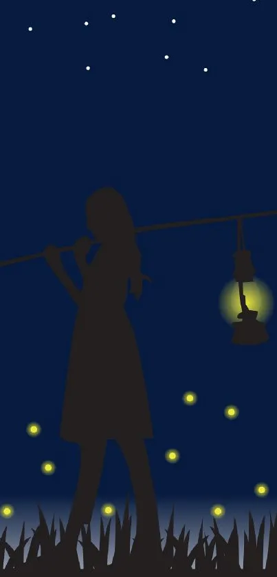 Silhouette of girl with lantern under a starry night sky, creating a calm ambience.