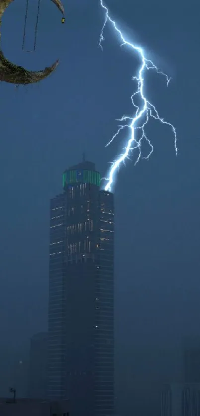 Moody cityscape with lightning and crescent moon over a tall building.