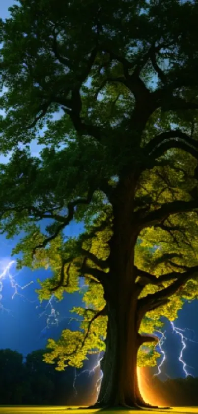 Majestic tree with lightning at night.