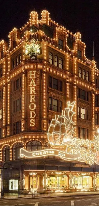 Elegant luxury store illuminated at night with golden lights.