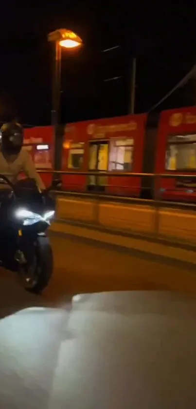 Dynamic night motorcycle ride with city lights backdrop.