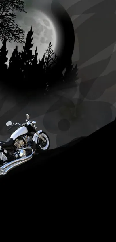 Motorcycle under a moonlit forest night sky in a captivating dark wallpaper.