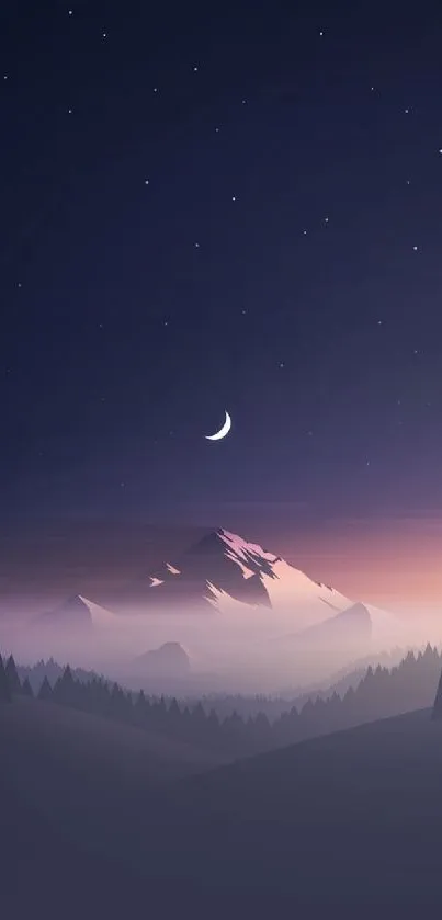Crescent moon over misty mountain in tranquil night landscape wallpaper.