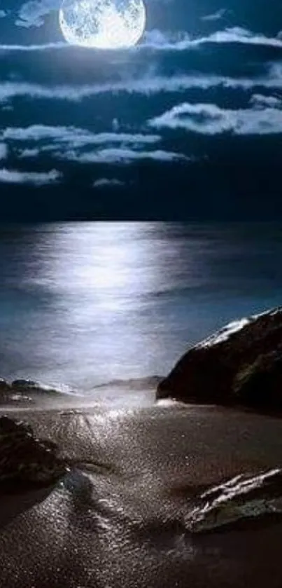 Moonlit night over ocean with rocks and calm water.