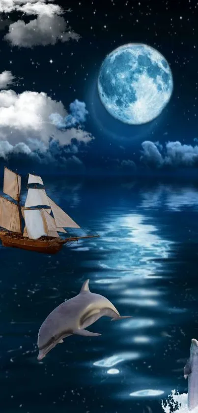 Dolphins and ship under moonlit sky on ocean