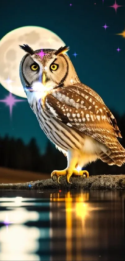 Owl perched by a moonlit lake under a starry night sky.