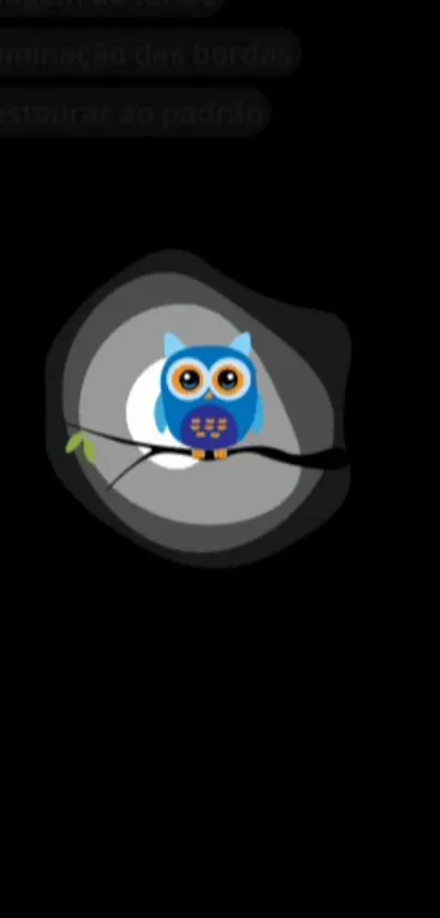 Stylized blue owl perched on a branch in dark wallpaper.