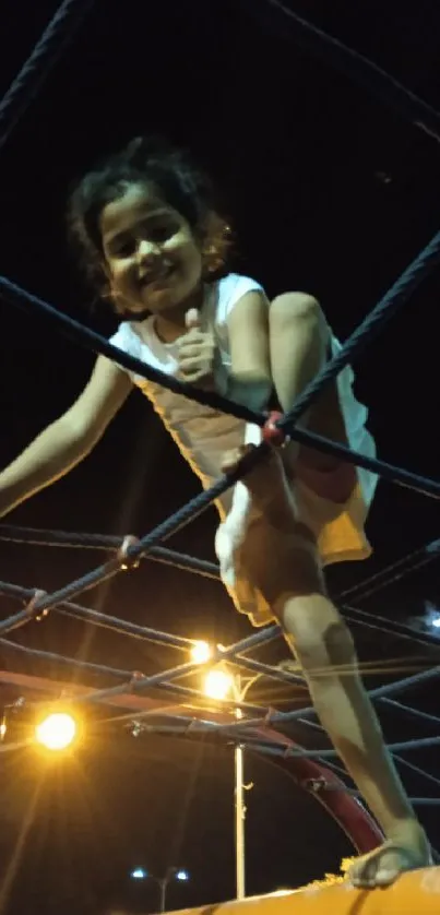 Child climbing playground ropes at night.