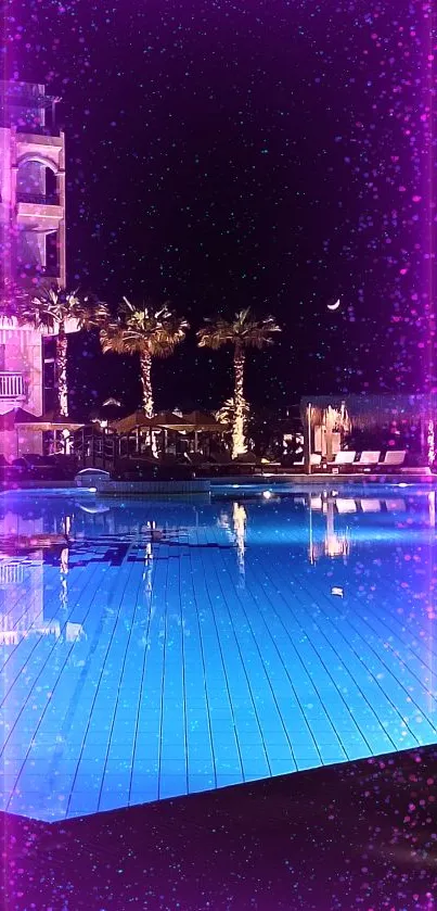 Serene night view of a glowing blue poolside.