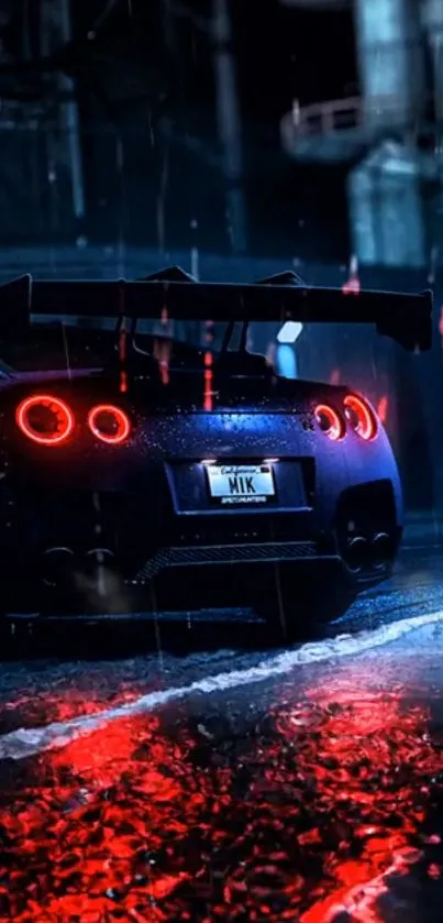 Sleek racer car with glowing red lights in rainy urban night scene.