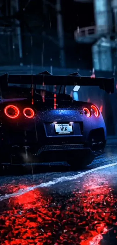 Sleek sports car at night with glowing red tail lights on a rainy city street.